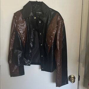 vintage looking Fashion Nova Black and Brown faux leather jacket